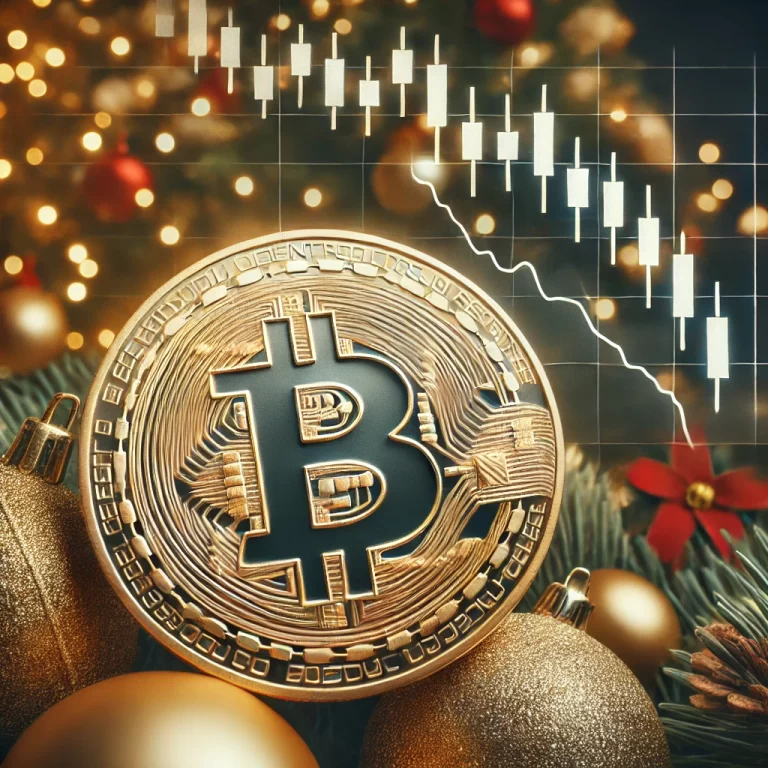 A golden Bitcoin coin in the foreground with a decorated Christmas tree in the background, featuring subtle financial charts showing downward trends, symbolizing festive cheer and market uncertainty.