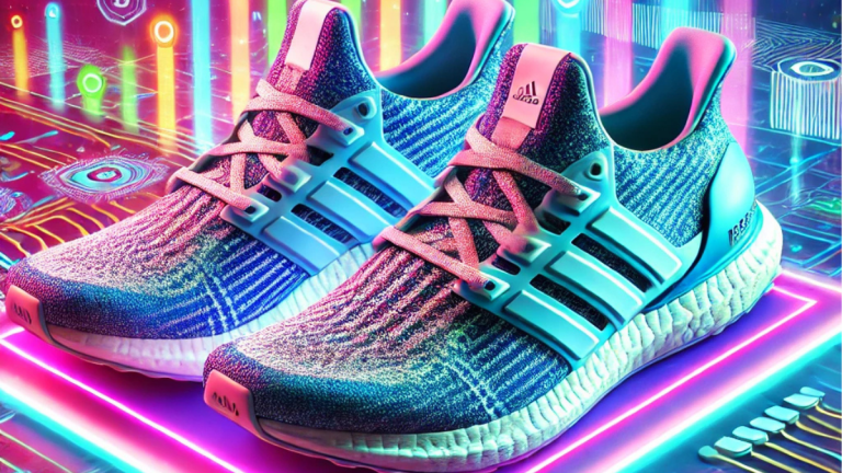 Futuristic sneakers inspired by the Adidas Ultraboost, displayed on a glowing neon platform with a colorful digital background featuring blockchain-inspired patterns in blue, pink, and purple, emphasizing a modern Web3 aesthetic.