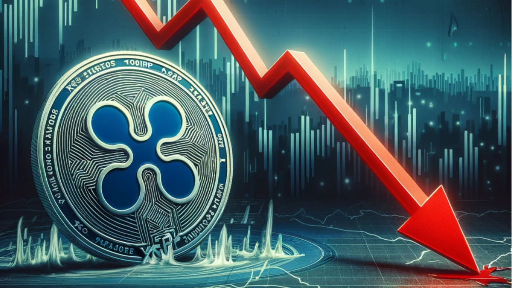 Illustration of Ripple's XRP in a downward trend, showing an XRP coin descending alongside a red line graph, with a stormy background symbolizing market volatility and corrections.