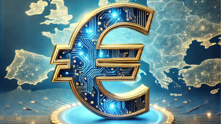Illustration of the digital euro concept, featuring a glowing euro symbol integrated with digital circuits, set against a European Union map with a blue and gold gradient background, symbolizing innovation and stability.