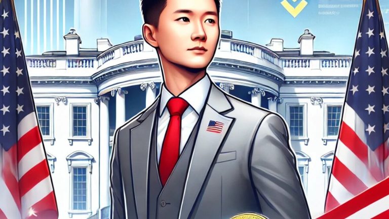 A visually striking depiction of Changpeng Zhao with a subtle background of the White House and American flags, symbolizing the appeal for a presidential pardon. The design includes elements of cryptocurrency, like digital tokens, hinting at CZ’s role in the crypto industry