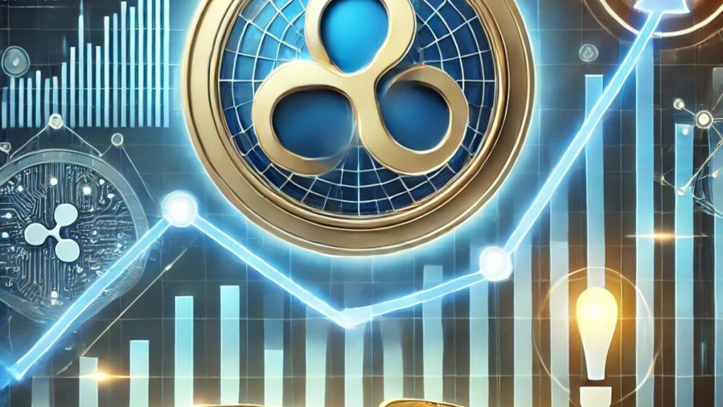 A professional, modern illustration of Ripple’s logo alongside a graph indicating a sharp upward trend. Include visuals of digital tokens and a subtle warning about scams in the background