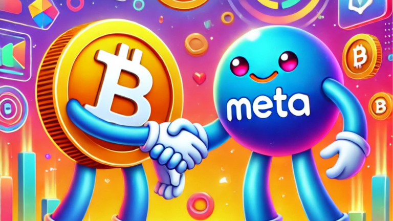 A fun cartoon-style illustration of animated Bitcoin and Meta logos shaking hands in a vibrant futuristic setting, with floating coins and a glowing tech-inspired background.