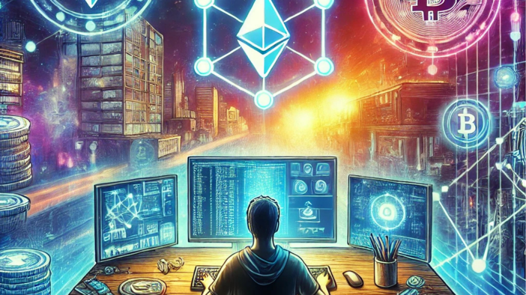 A futuristic illustration of an indie game developer working with holographic screens displaying blockchain nodes, game assets, and cryptocurrency symbols, set against a neon-lit cityscape.