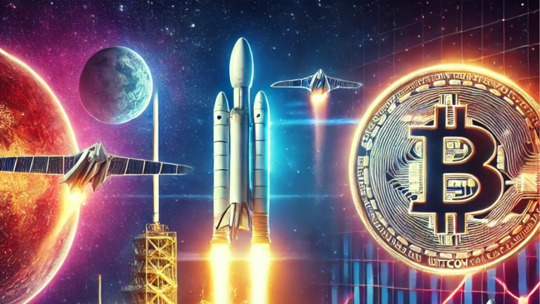 Futuristic depiction of SpaceX rockets launching with Bitcoin symbols orbiting around them, symbolizing SpaceX's profitable Bitcoin investments and the growth of the digital currency market