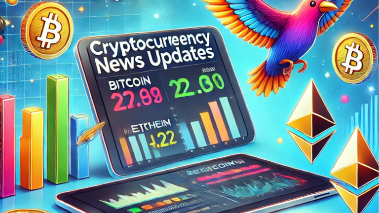 A vibrant illustration featuring a digital tablet displaying crypto charts, a bird symbolizing Flockerz, and flying coins like Bitcoin and Ethereum, representing cryptocurrency news updates and innovation.