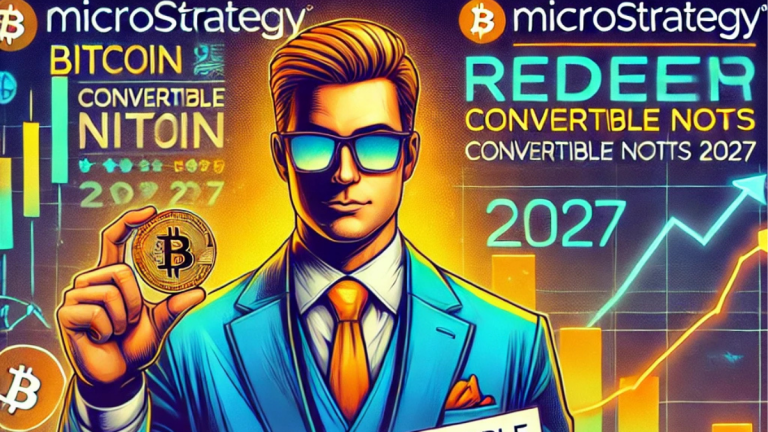 A bold and colorful illustration showing Michael Saylor confidently holding a Bitcoin coin in one hand and a contract labeled "Convertible Notes 2027" in the other. Behind him are stacks of Bitcoin and the MicroStrategy logo, with dynamic stock market charts and Bitcoin price trends in the background. The setting is bright and futuristic, symbolizing MicroStrategy's innovative approach to corporate finance and cryptocurrency.