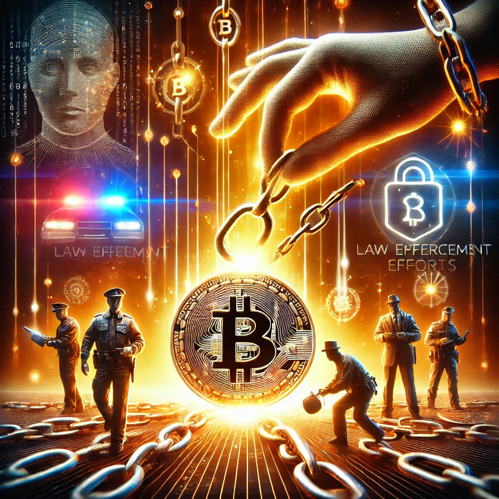 Glowing Bitcoin coin being retrieved from digital chains, with police officers and cybersecurity symbols in the background, symbolizing cryptocurrency scam recovery.