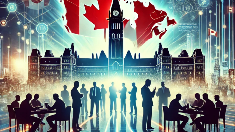 Futuristic depiction of Canadian Parliament with glowing trade routes to the U.S., symbolizing economic ties and political discussions.