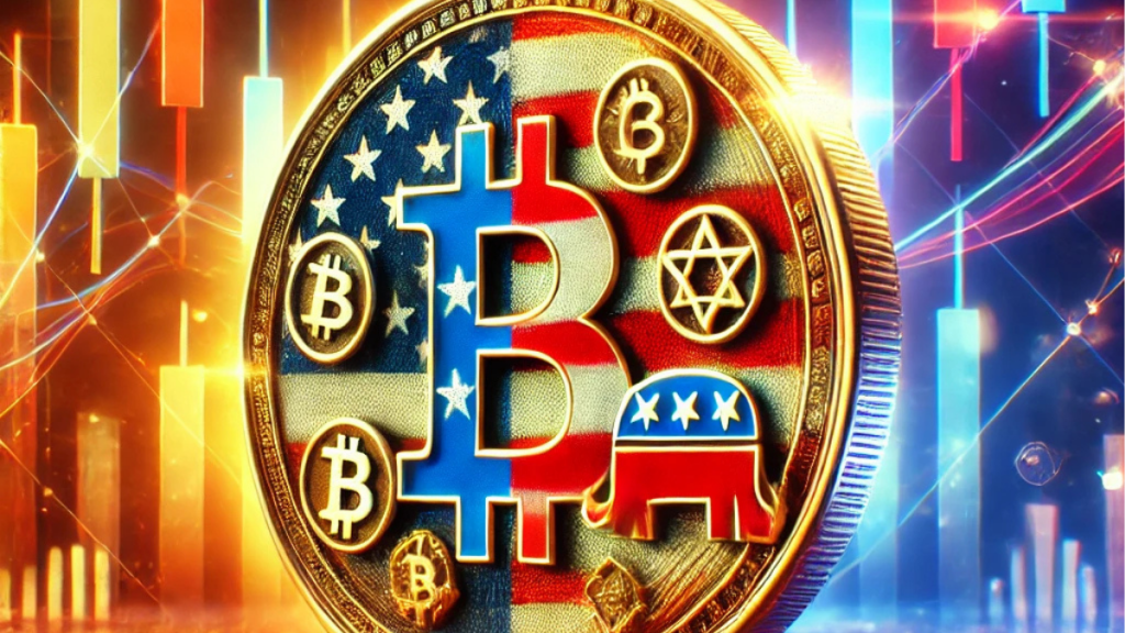 Glowing digital coin with political symbols, surrounded by fluctuating financial charts and blockchain elements, symbolizing the speculative nature of political memecoins.