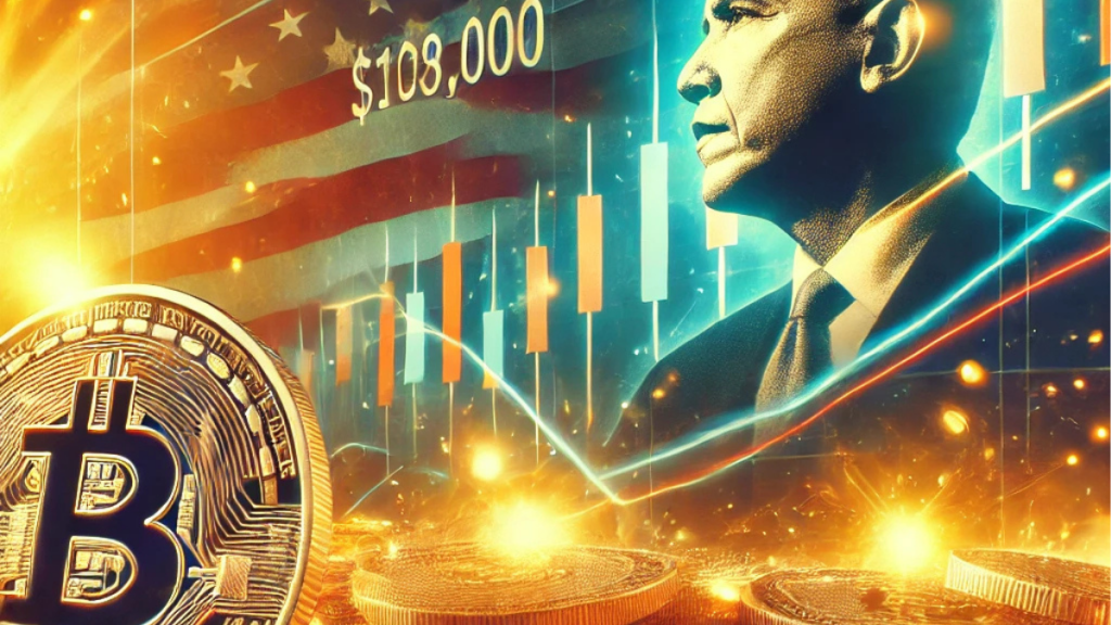 Glowing digital coins against a financial chart showing Bitcoin’s surge past $109,000, symbolizing speculation and political influence on cryptocurrency."