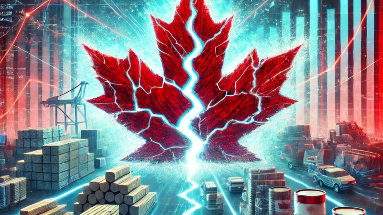 An abstract digital illustration of a fractured maple leaf with breaking trade routes, symbolizing the impact of tariffs on the Canadian economy amidst financial uncertainty.