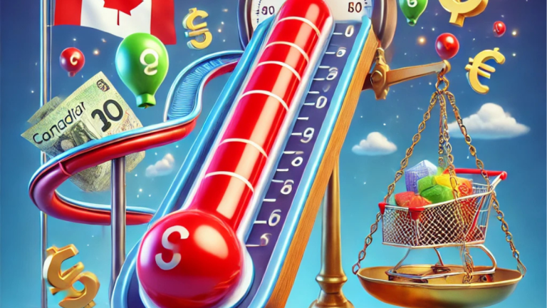 A fun digital illustration of Canadian inflation rates, featuring a rollercoaster thermometer labeled 'Inflation' with floating currency symbols and a balancing scale of prices and policies.