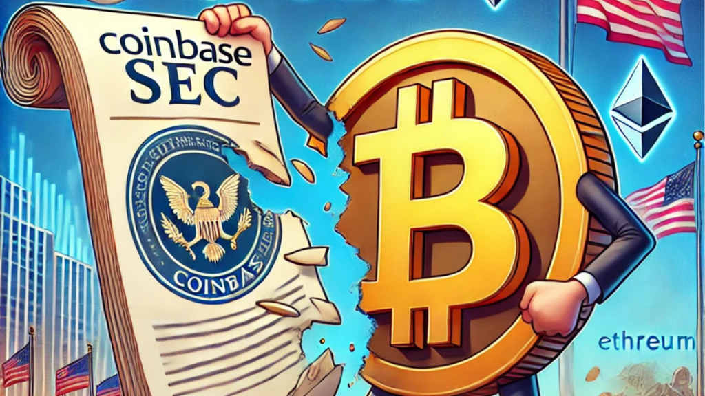 A fun digital illustration of the Coinbase SEC lawsuit resolution, featuring a torn legal document with Coinbase on one side and a fading SEC emblem on the other, symbolizing regulatory relief.