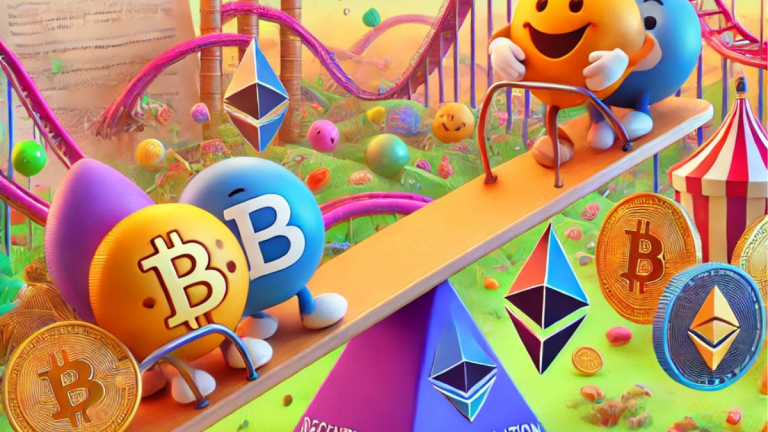 A fun digital illustration of cryptocurrency regulation shift, featuring a giant seesaw balancing 'Regulation' and 'Decentralization' with playful Bitcoin and Ethereum characters.