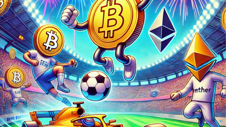 A fun digital illustration of crypto sports sponsorships, featuring Bitcoin, Ethereum, and Tether mascots cheering in a stadium with a Formula One car and football player kicking a crypto coin.