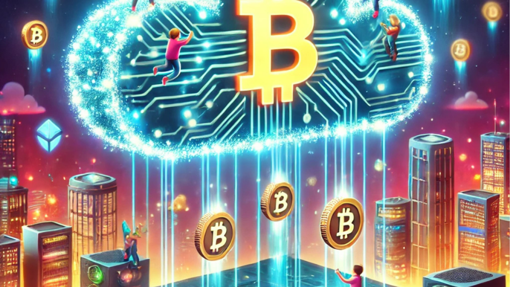 A fun digital illustration of ION Cloud Mining, featuring a glowing digital cloud raining Bitcoin and ION tokens onto excited users, with futuristic mining rigs connected by neon energy beams.
