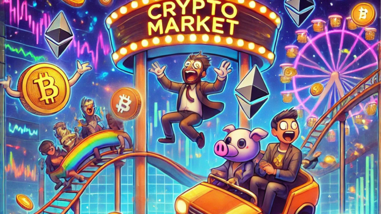 A fun digital illustration of the cryptocurrency market buzz, featuring a lively arena with glowing Bitcoin, Ethereum, and Dogecoin symbols, a rollercoaster labeled 'Crypto Market,' and excited traders reacting to price swings.