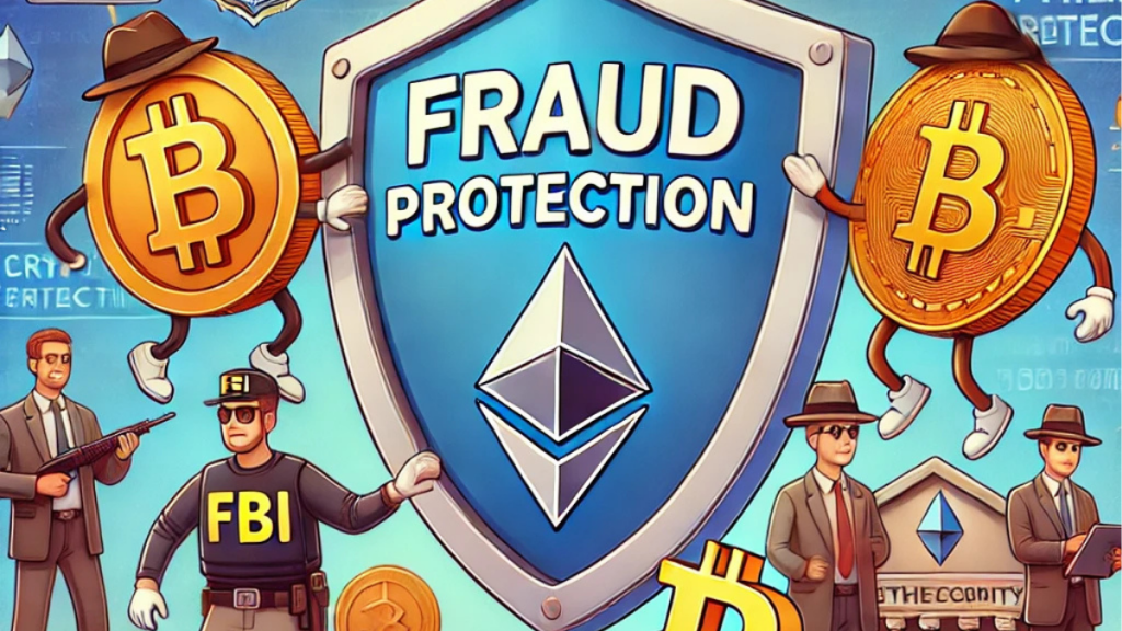 A fun digital illustration of cryptocurrency investment fraud prevention, featuring a giant shield blocking scams, detective-themed Bitcoin and Ethereum coins, and FBI agents securing digital assets.