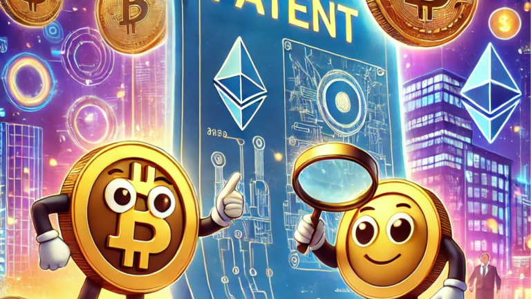 A fun digital illustration of the stablecoin patent surge, featuring animated coins examining a glowing patent document, with a futuristic cityscape of digital vaults and financial networks in the background.
