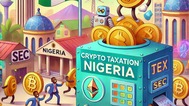 A fun digital illustration of crypto taxation in Nigeria, featuring a giant tax vault where Bitcoin and Ethereum coins line up to contribute, with a futuristic Nigerian cityscape in the background.