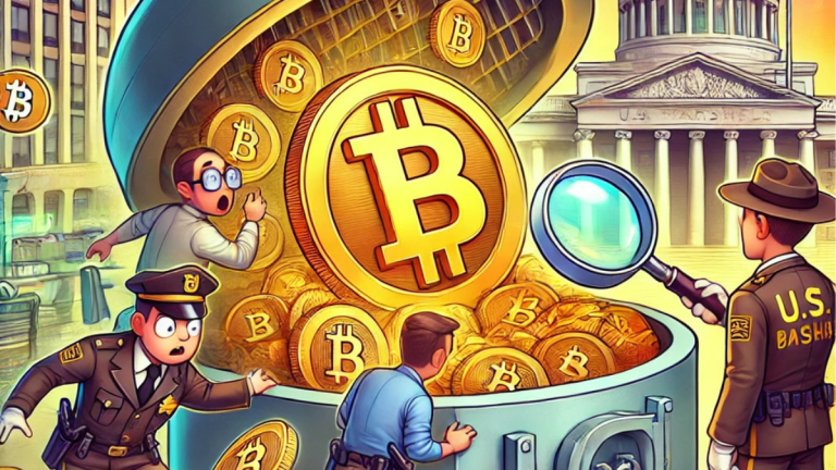 A fun digital illustration of US cryptocurrency seizures, featuring a giant vault overflowing with Bitcoin, confused U.S. Marshals, and a magnifying glass over a blockchain ledger symbolizing tracking difficulties.