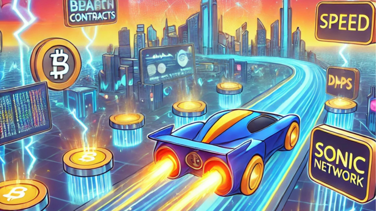 A fun digital illustration of Sonic Network Technology, featuring a high-speed digital network with glowing pathways, a zooming Sonic-branded token, and futuristic screens displaying decentralized applications.