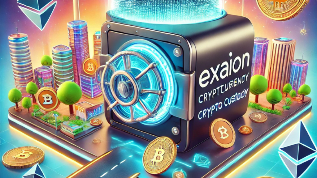 A fun digital illustration of Exaion Cryptocurrency Services, featuring a high-tech digital vault secured with blockchain locks, floating crypto coins, and a futuristic cityscape blending renewable energy with blockchain technology.