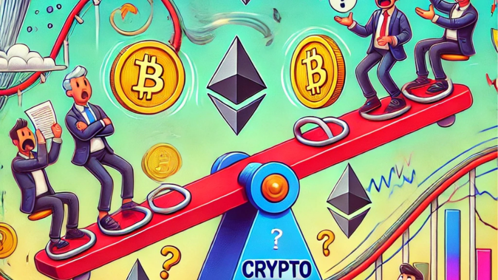 A fun digital illustration of crypto market uncertainty, featuring a wobbly seesaw with Bitcoin and Ethereum, a looping rollercoaster labeled 'Crypto Market,' and investors reacting to volatility.